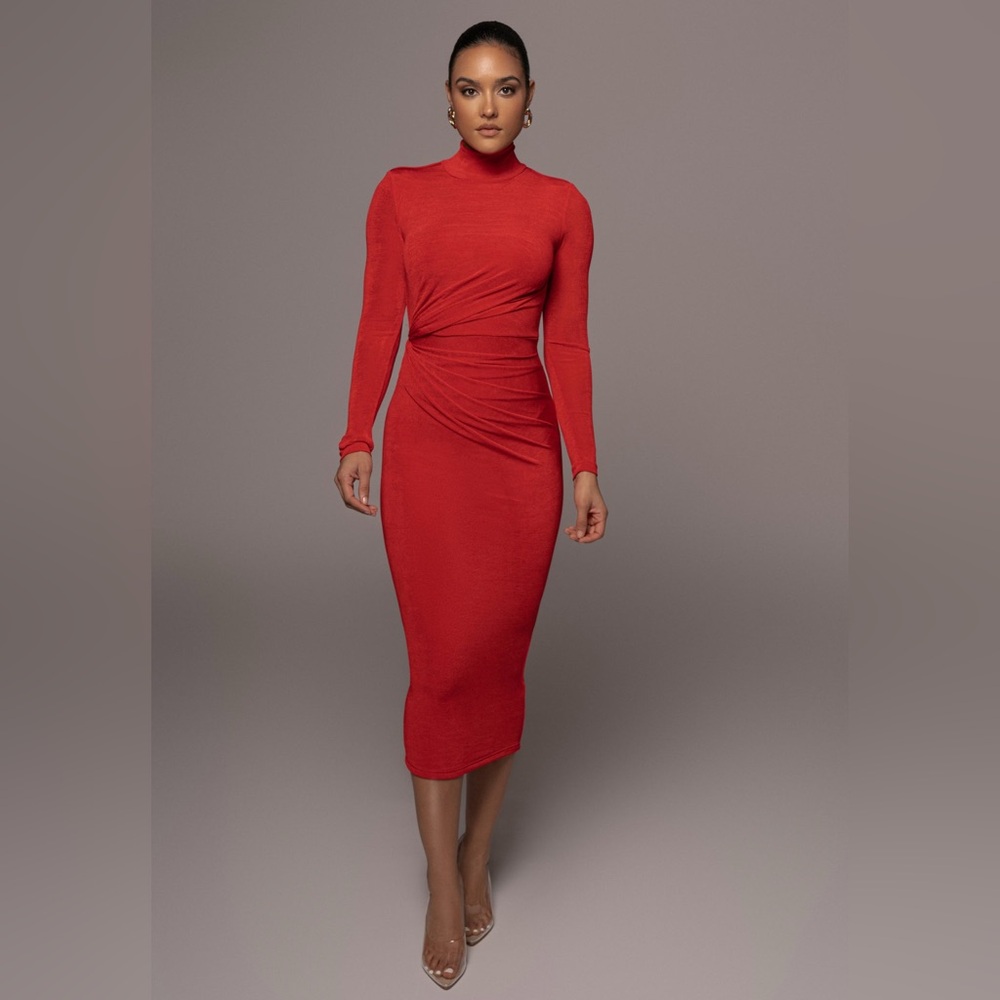 JLUXLABEL Crimson High-Neck Long Sleeve Midi Dress
